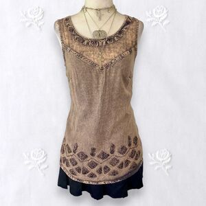 Early 2000's Tan Brown Embroidered Whimsygoth Boho Cami Tank Top S